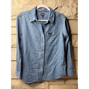 Lee Womens Blue Denim Button Down Shirt Long Sleeve Cotton Chambray Medium